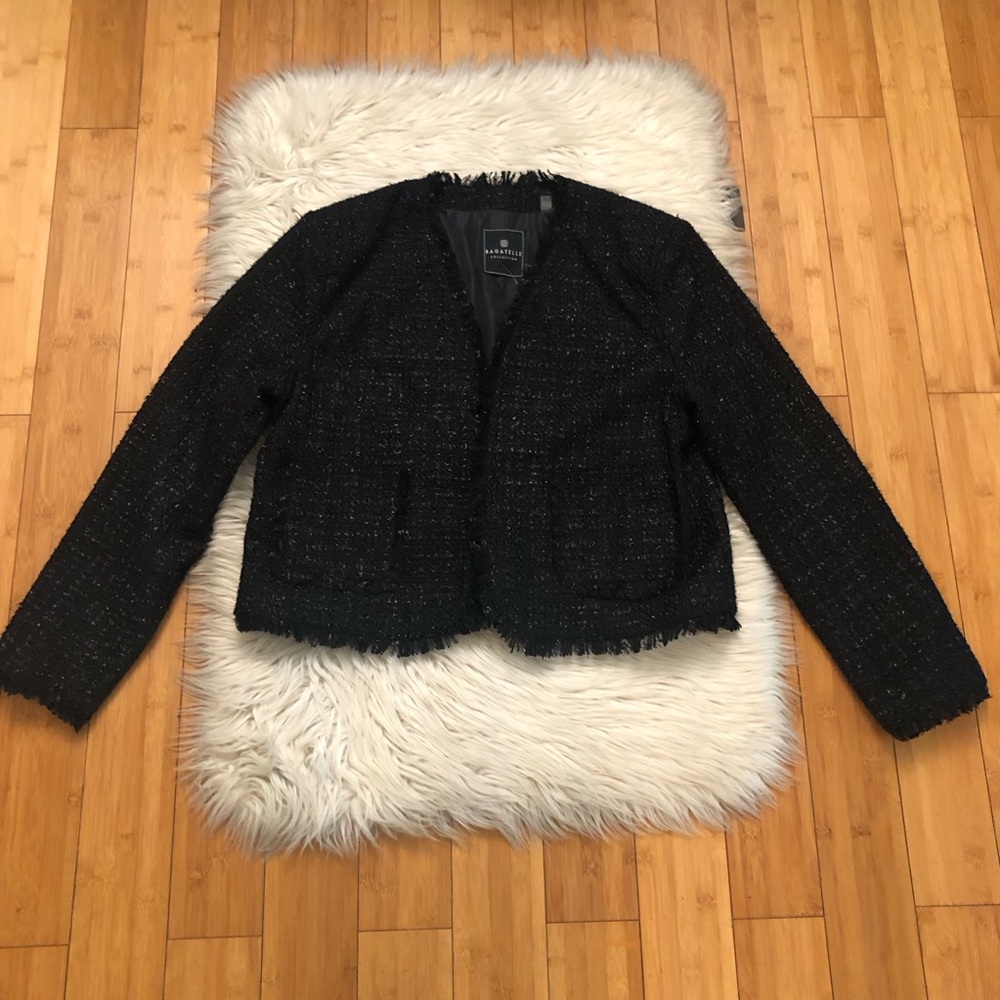Bagatelle Tweed Metallic Frayed Hem Open Front Black Cropped Jacket size XL NWT